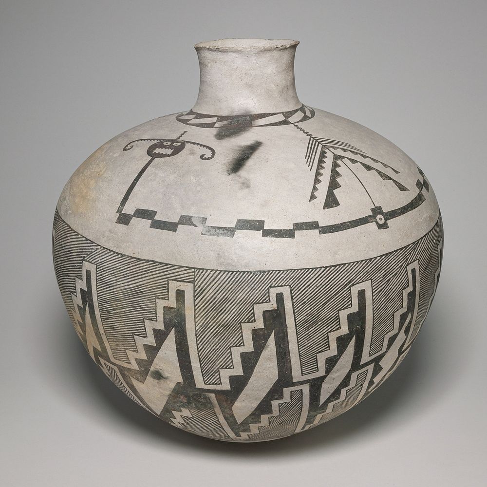 Jar with Horned Serpents and Interlocking, Hatched-and-Black Stepped Designs by Ancestral Pueblo (Anasazi)