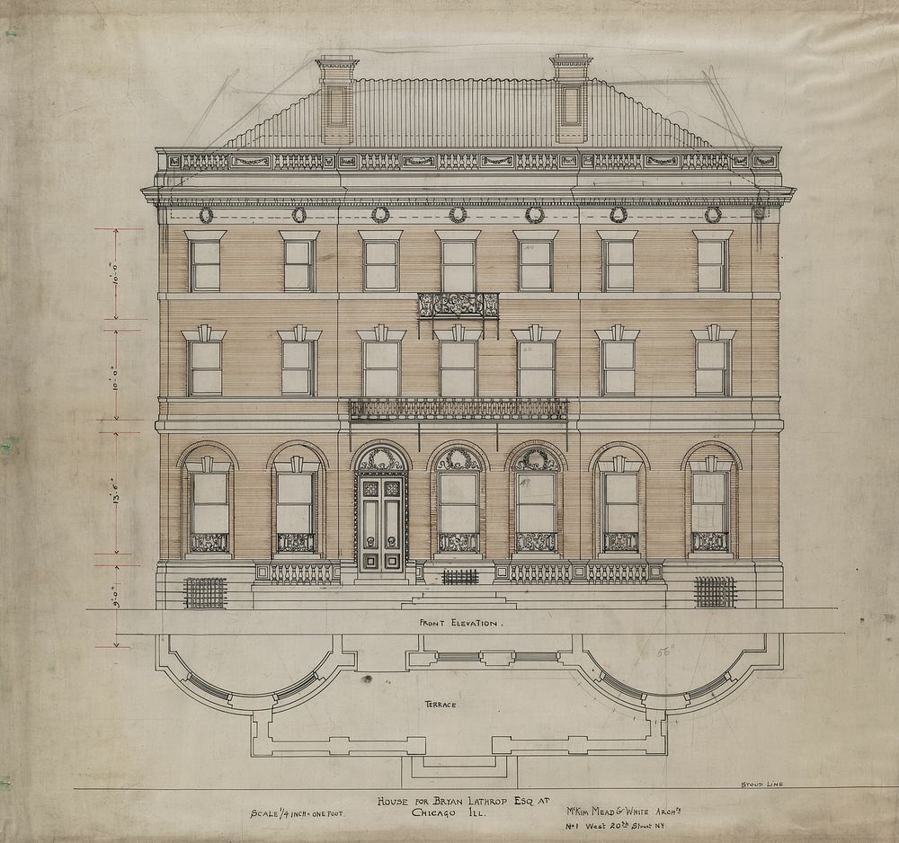 Bryan Lathrop House, Chicago, Illinois, Front Elevation and Terrace Plan by McKim, Mead & White (Architect)