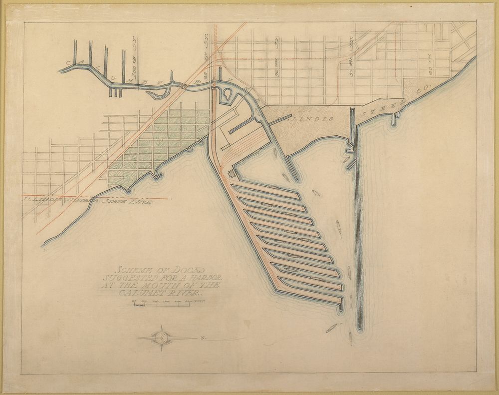 Plate 72 from The Plan of Chicago, 1909: Chicago. Sketch Diagram of Docks Suggested at the Mouth of the Calumet River for…