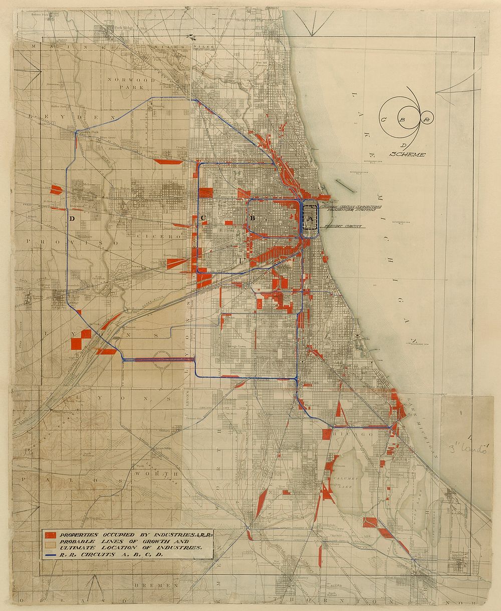 Plan of Chicago, Chicago, Illinois, Railroad Circuits Diagram by Daniel Hudson Burnham (Architect)