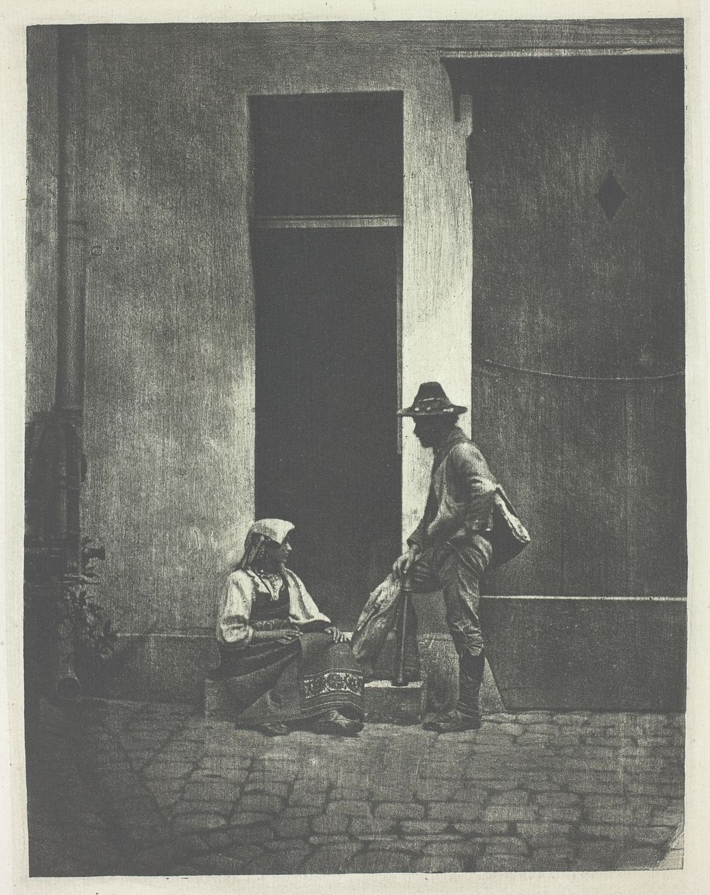 Pifferaro debout et paysanne Italienne assise, dans la cour du 21 Quai Bourbon by Charles Nègre