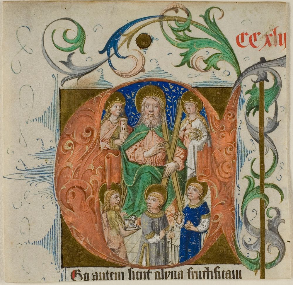 Saints Barbara, Catherine, Andrew, John the Baptist, Lawrence and Thomas à Beckett in a Historiated Initial "E" from a…