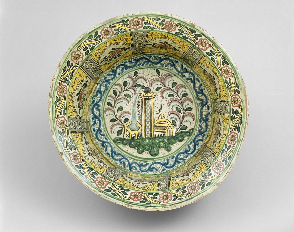Basin Depicting a Cistern, Tower and Domed Building by Talavera Poblana (Unknown Role)