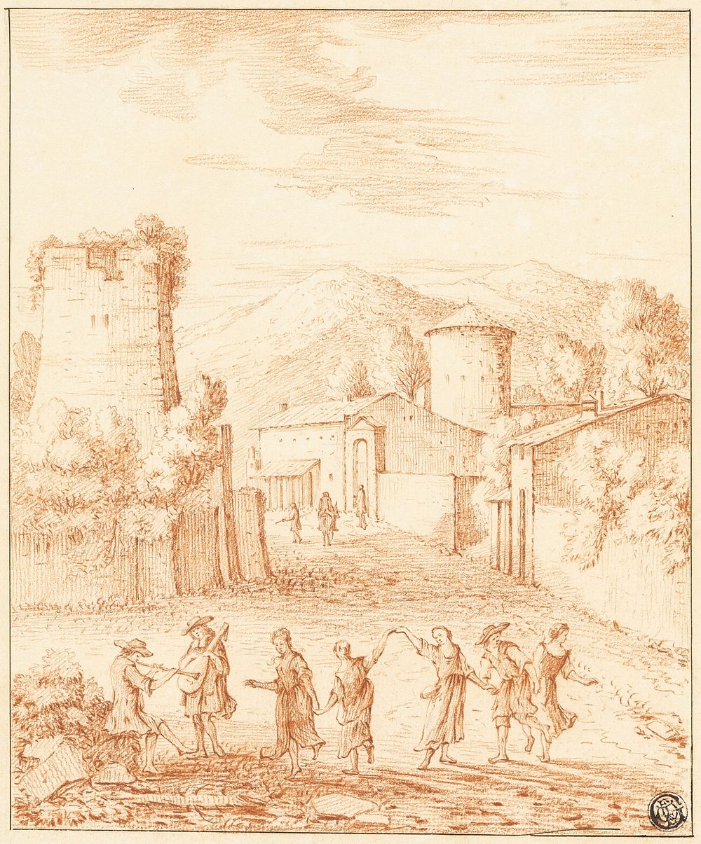 Dancers and Musicians Before Village with Ruined Tower by Claude Lorrain