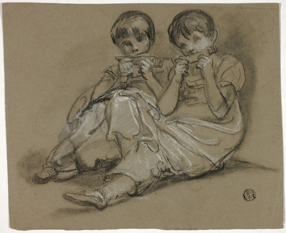 Two Girls Playing on Combs (recto); Sketch of Seated Woman with Fragment of Another Figure (verso) by Thomas Barker