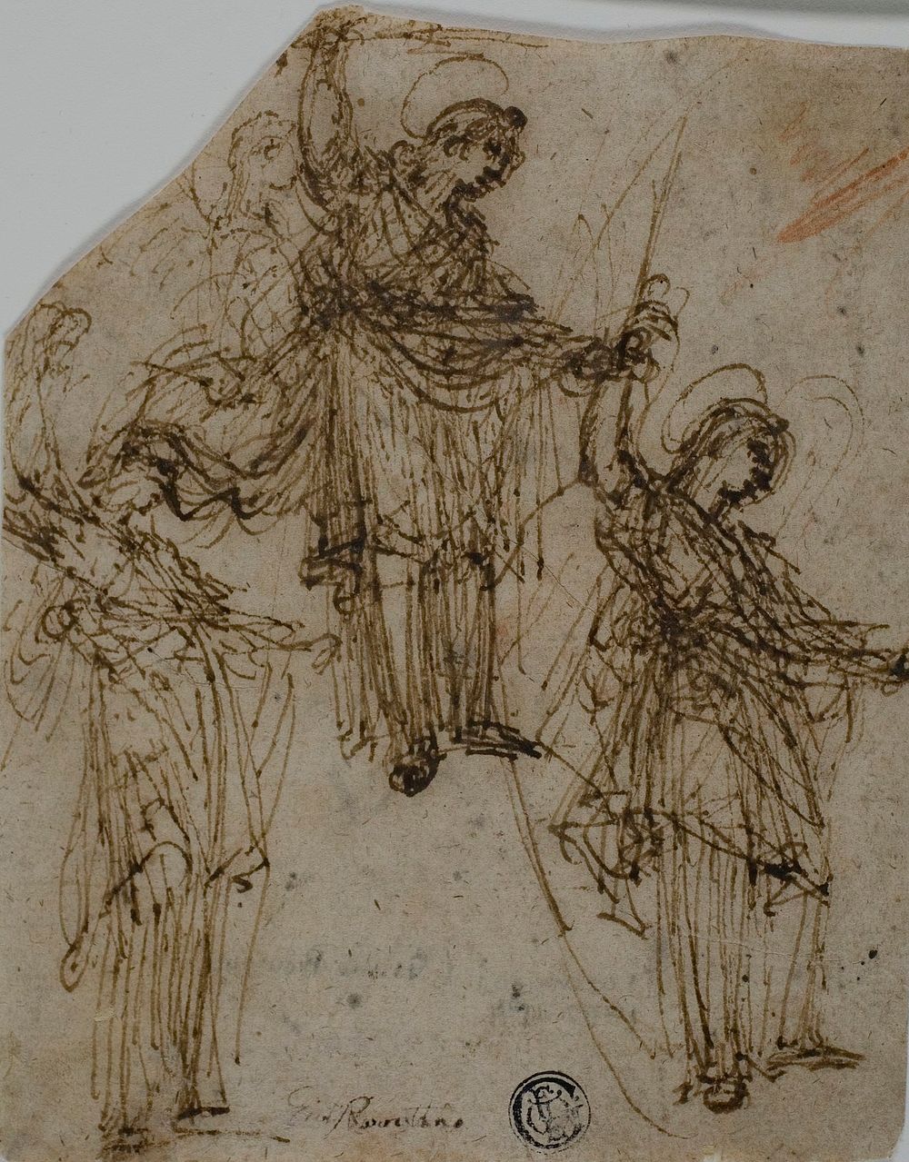 Sketches of a Standing Saint Holding a Sword (recto); Sketches of Figures and Heads (verso) by Unknown Lombard