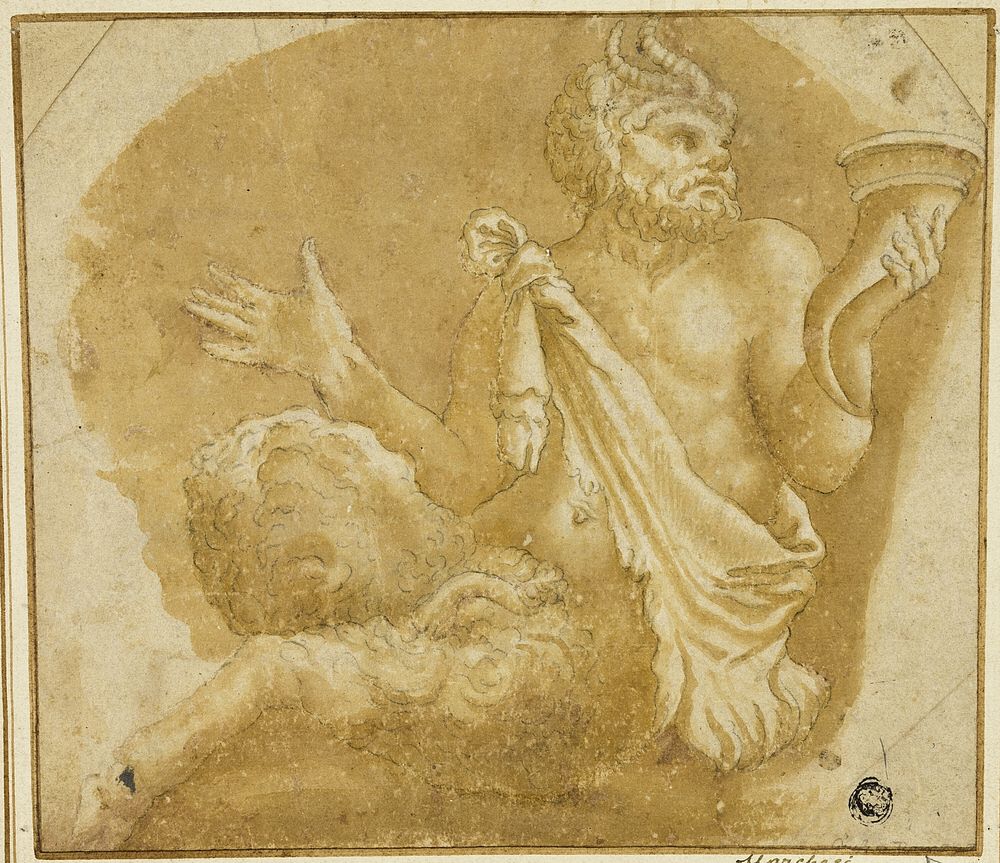Seated Faun Holding Cornucopia (recto); Sketch of Tree and House (verso) by Giulio Romano