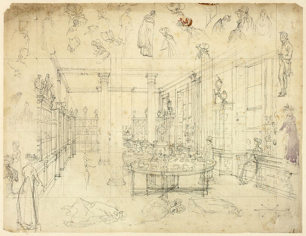 Study for Wedgwood and Byerly, York Street, St James' Square from London in Miniature (recto); Sketches of Women, Cabinet…