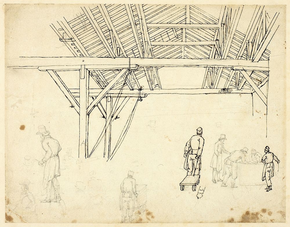 Rejected Study, possibly for an illustration of the Custom House, from Microcosm of London (recto); Sketches of Workers with…
