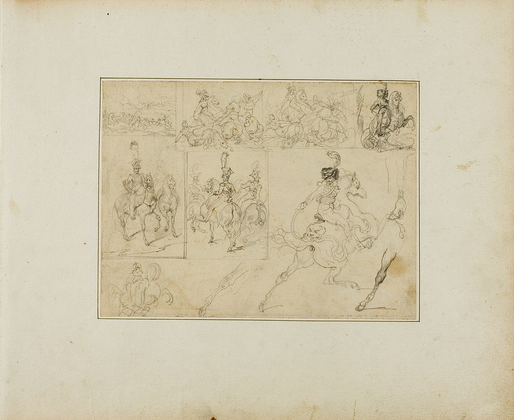 Sheet of Sketches: Cavalry Battles and Mounted Soldiers by Jean Louis André Théodore Géricault