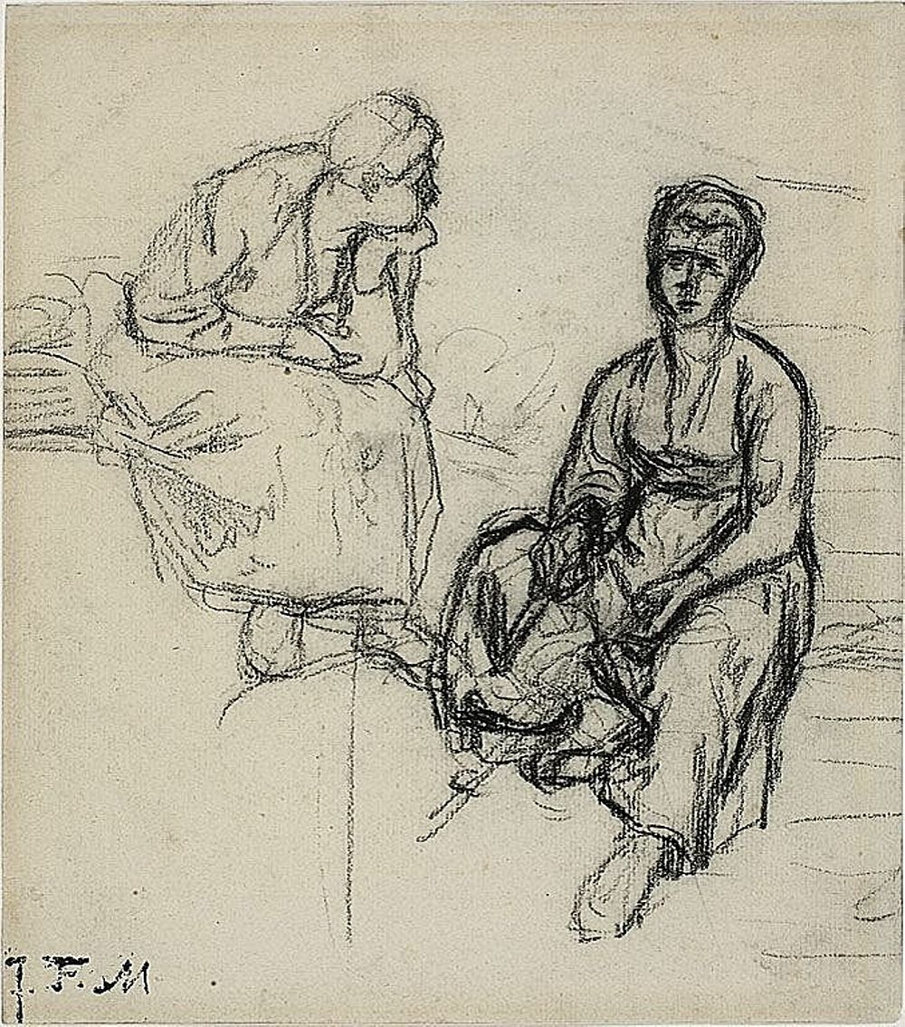 Two Studies of a Seated Peasant Woman (recto); Study of a Young Girl Wearing a Hat (verso) by Jean François Millet