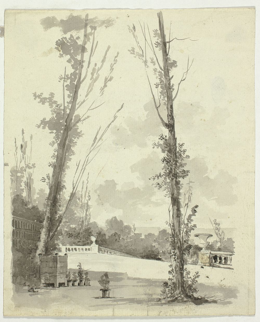 View of the Park at Versailles: Two Poplar Trees with Balustraded Walk in Background by Pierre Antoine Mongin