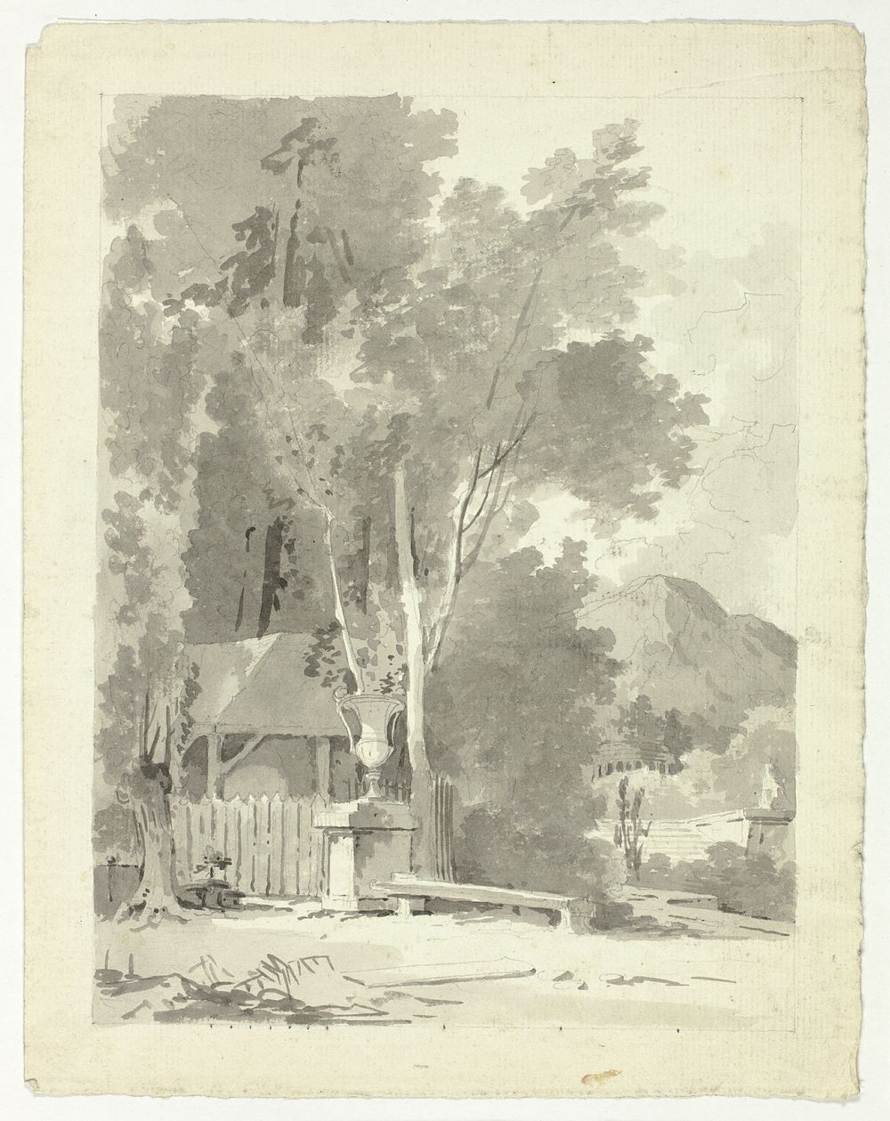 Classical Urn in Front of a Shed, with Temple and Mountain in Background by Pierre Antoine Mongin