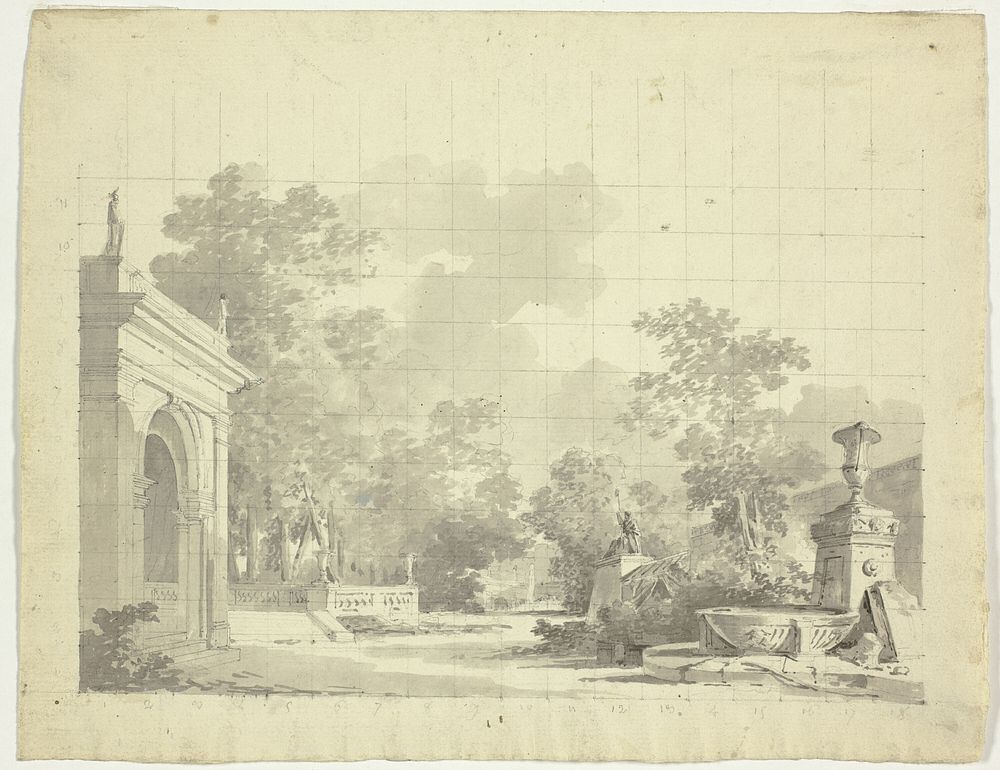 View of the Park at Versailles: Arched Entry to a Terrace, Urns and Ruined Statuary by Pierre Antoine Mongin