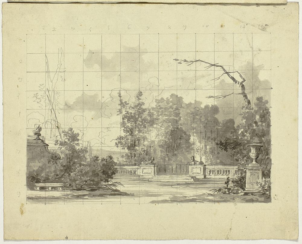 View of the Park at Versailles: Balustrade with Two Sphinxes Urn by Pierre Antoine Mongin