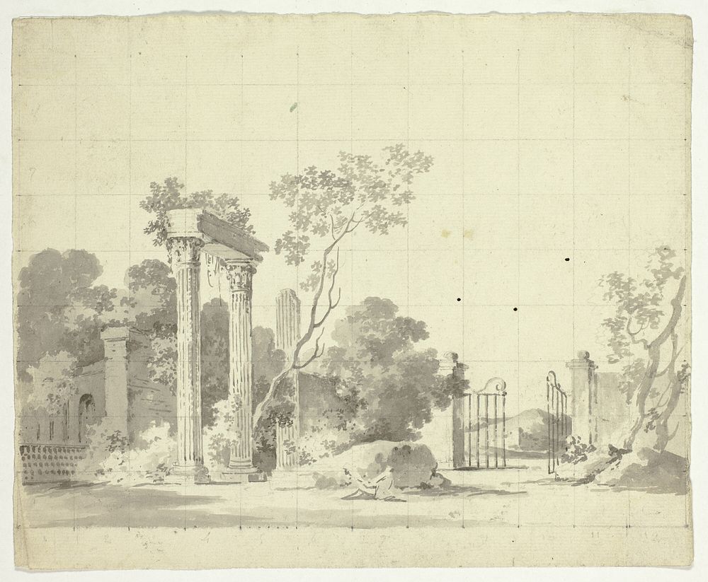 View of the Park at Versailles: Ruined Columns and an Open Iron Gate by Pierre Antoine Mongin
