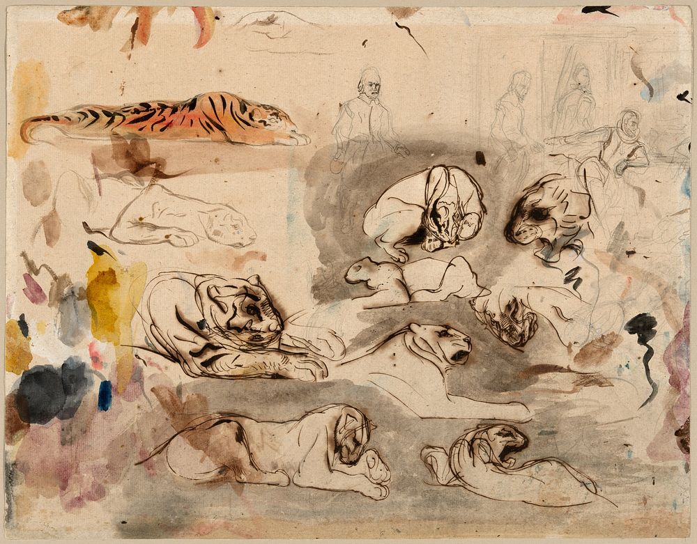 Sketches of Tigers and Men in 16th Century Costume by Eugène Delacroix