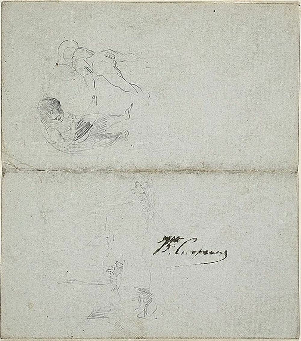 Sketches of Two Children, Boats at Sea (recto); Sketches of Striding Male Figure Holding Staff and Coastal Scene (verso) by…