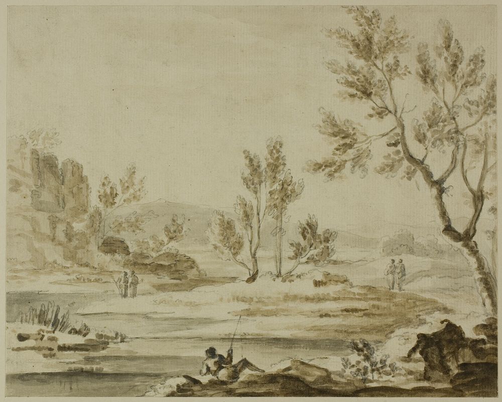 Fisherman and Figures in River Landscape by Follower of Jean Baptiste Claude Chatelain