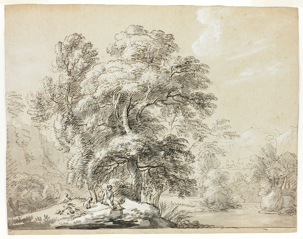 Man and Dog Seated Below Trees by River by Paul Sandby