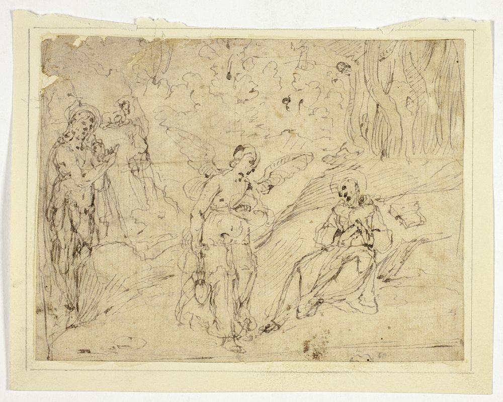 Angel Appearing to Saint Francis of Assisi, with Saint John the Baptist in the Background (recto); Saint Francis Supported…
