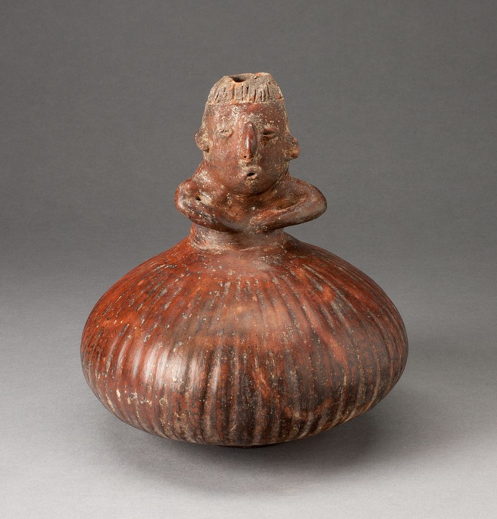 Small Fluted Bottle with Neck in Form of a Figure Holding Arms to Chest by Nayarit
