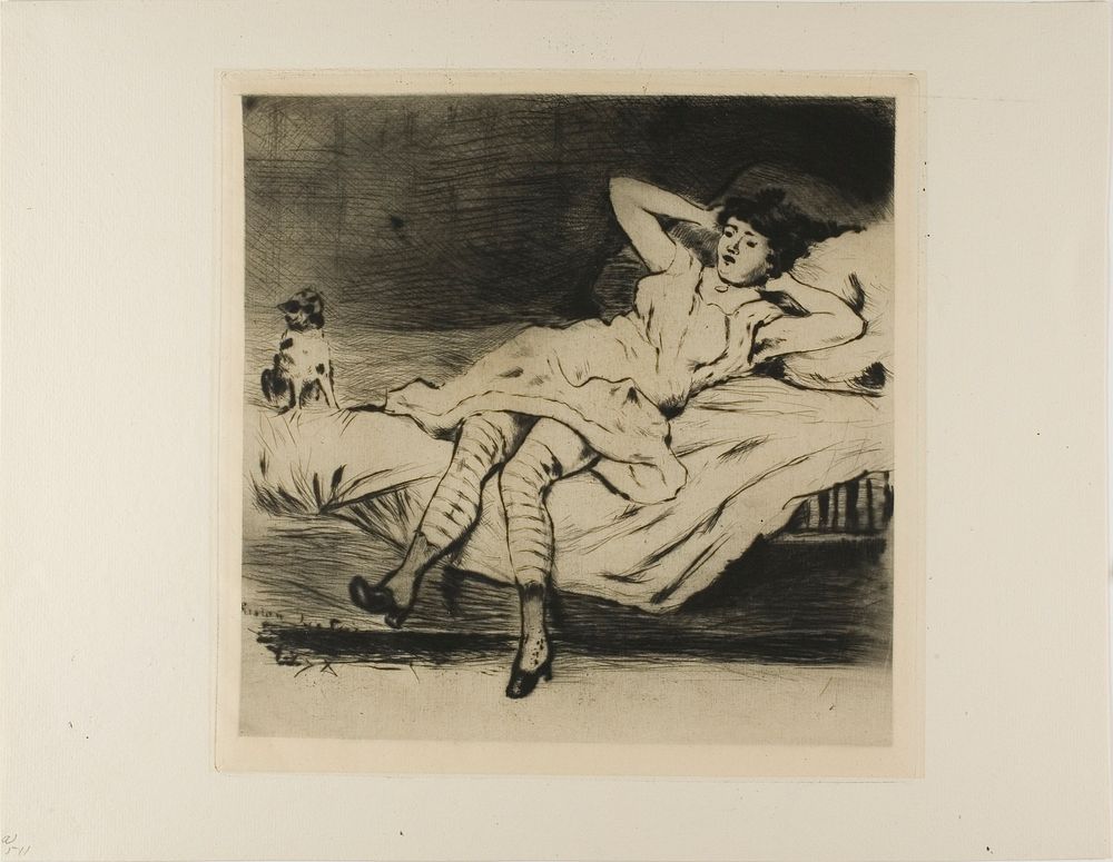 Plate from l'Assommoir (dancer reclining on bed, with cat) by Gaston La Touche