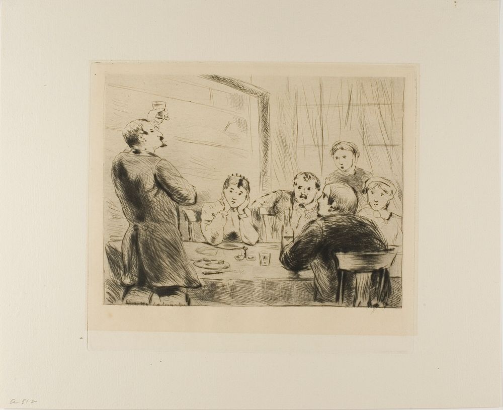 Plate from l'Assommoir (man proposing a toast at table with five other people) by Gaston La Touche