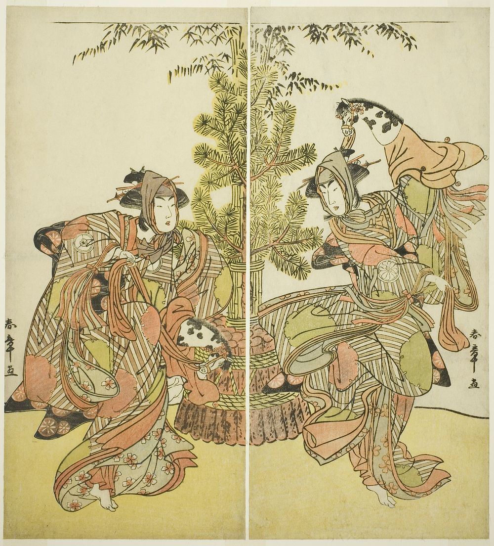 Actors Segawa Kikunojô III as Yasukata and Iwai Hanshirô IV as Utôin Performing a Hobbyhorse Dance (Harugoma odori) in “The…