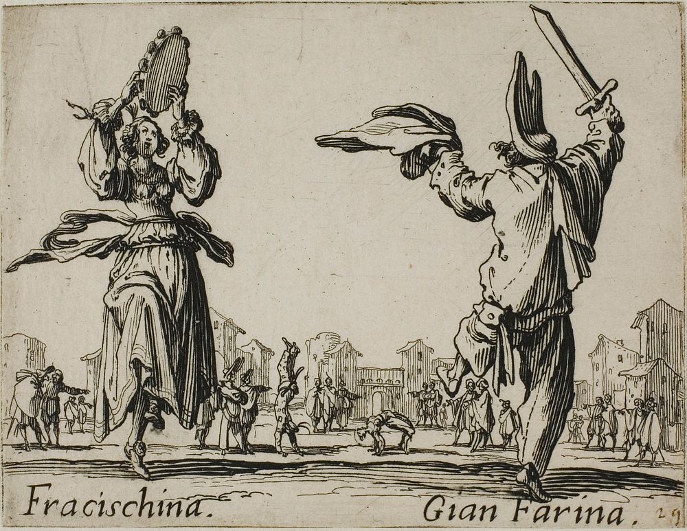 Fracischina - Gian Farina, plate 17 from Balli di Sfessania by Jacques Callot