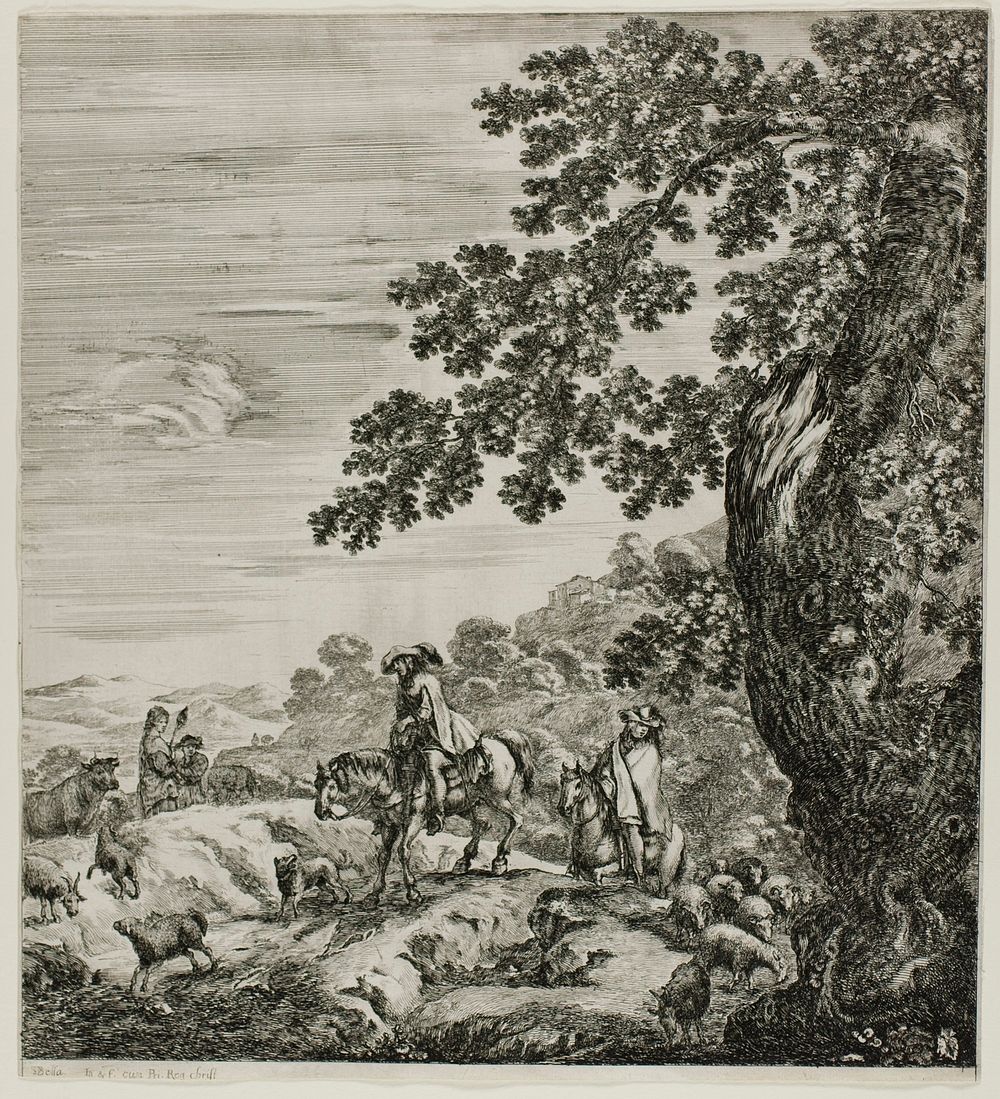 Two Riders Passing a Flock, plate five from The Six Large Views of Rome and the Campagna by Stefano della Bella