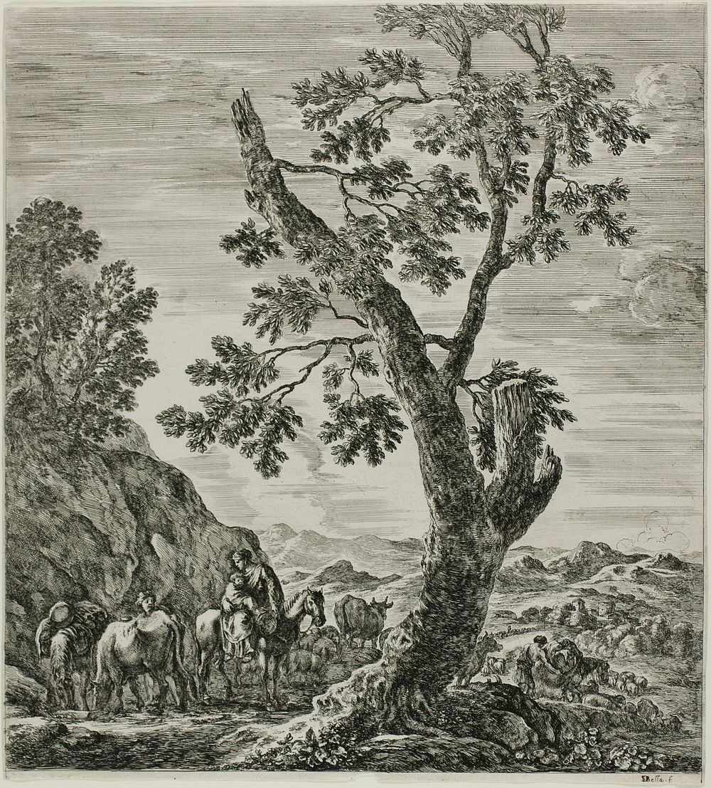 Mounted Peasant with a Child in Her Arms, plate six from The Six Large Views of Rome and the Campagna by Stefano della Bella