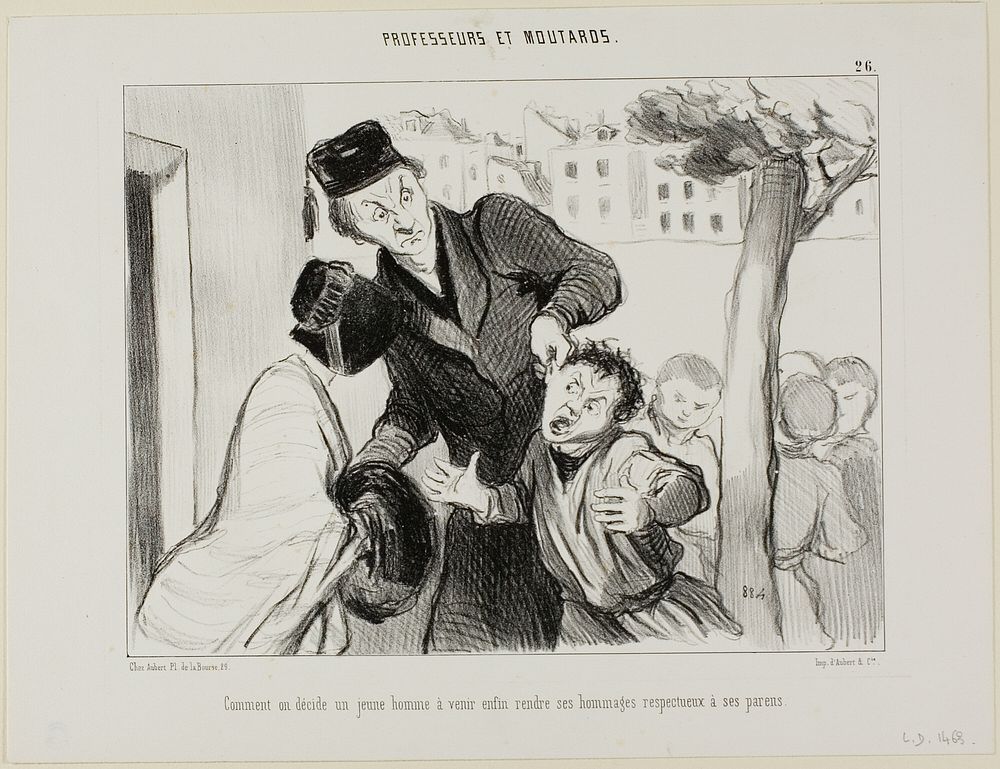How to Convince a Young Man to Finally Learn to Pay his Respects to his Parents, plate 26 from Professeurs et Moutards…