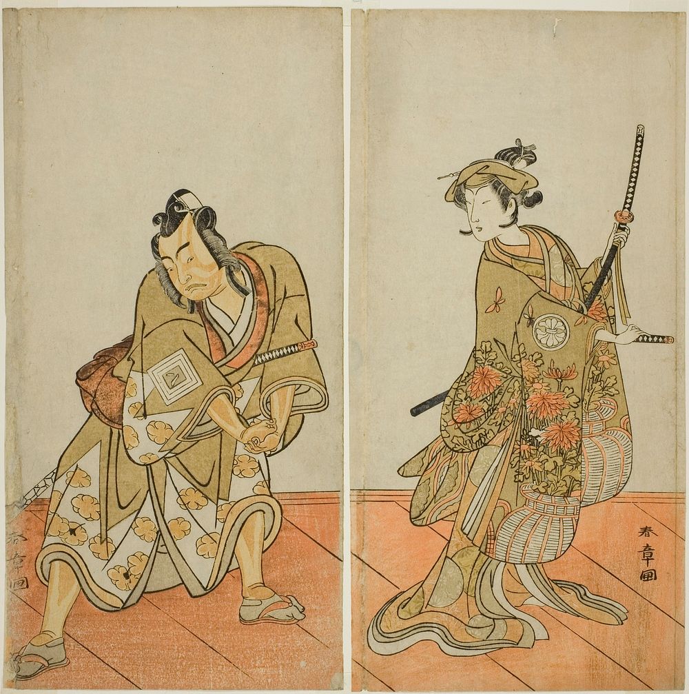 The Actors Segawa Kikunojo III as Aigo no Waka (right), and Ichikawa Yaozo II as Hachio-maru Aratora (left), in the Play…