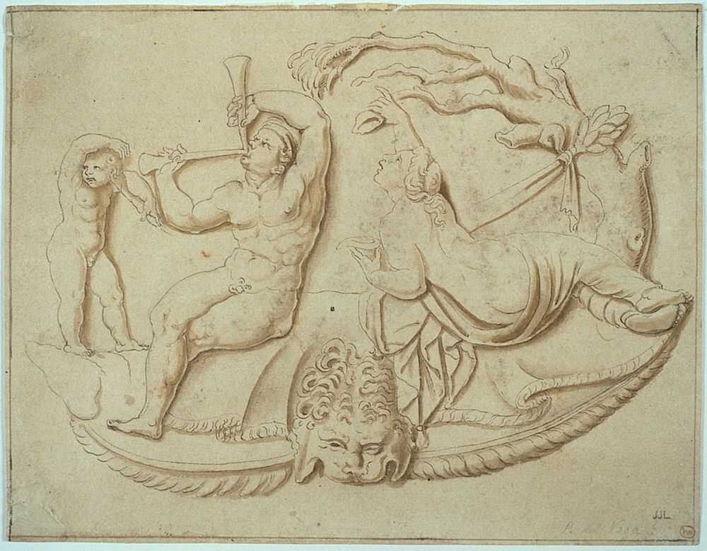 Satyr with Two Pipes and Putto and Woman Taking Drink from Tree by Giulio Romano