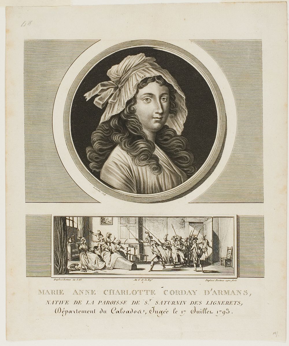 Marie Anne Charlotte Corday d'Armans, from Tableaux historiques de la Révolution francaise, volume III by Jean Duplessis…