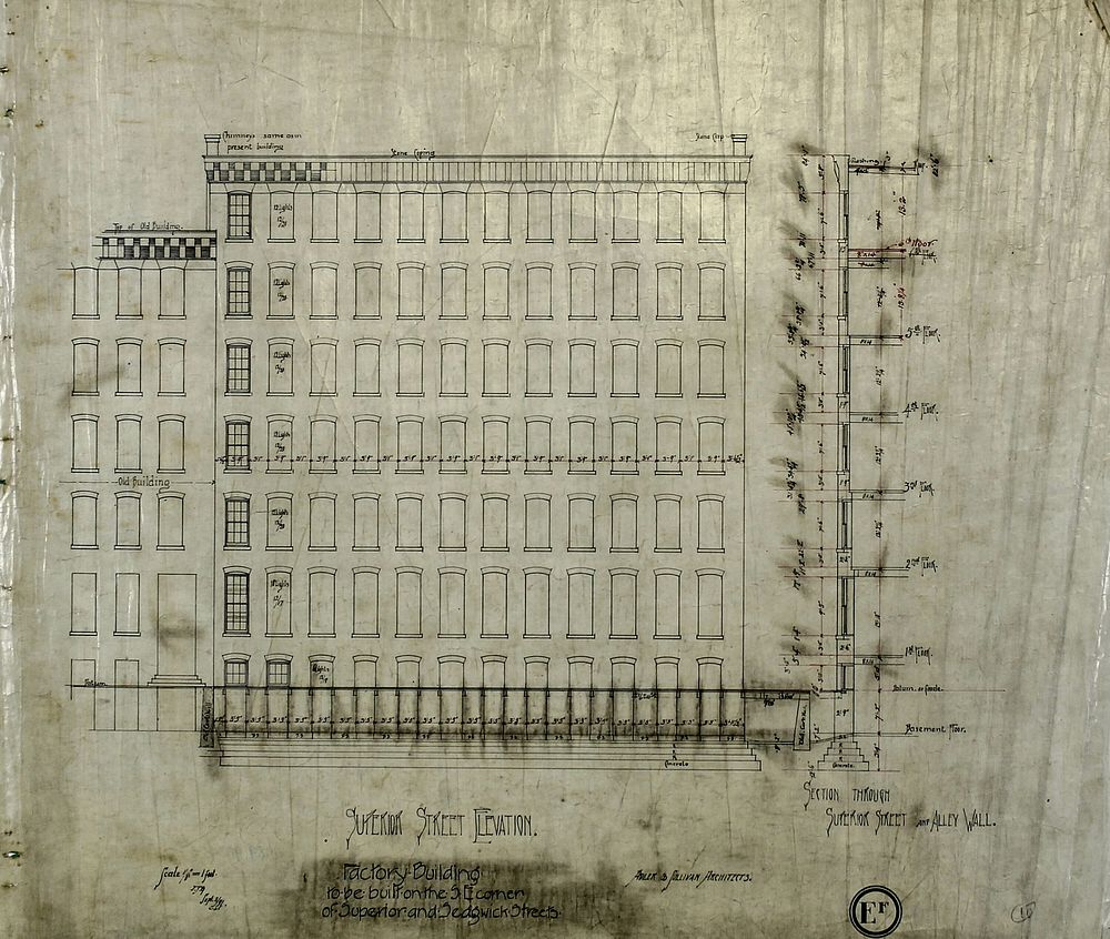 Brunswick Balke Collender Company Factory Building, Chicago, Illinois, Elevation and Section by Adler & Sullivan, Architects…