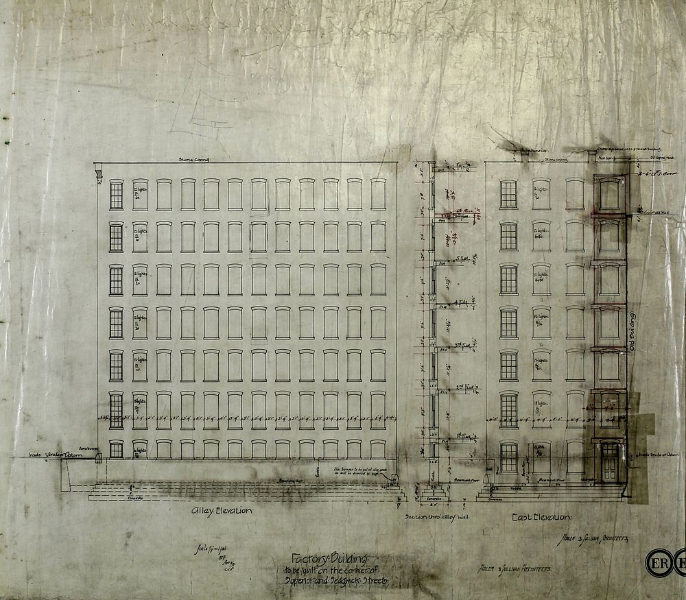 Brunswick Balke Collender Company Factory Building, Chicago, Illinois, Elevation and Section by Adler & Sullivan, Architects…