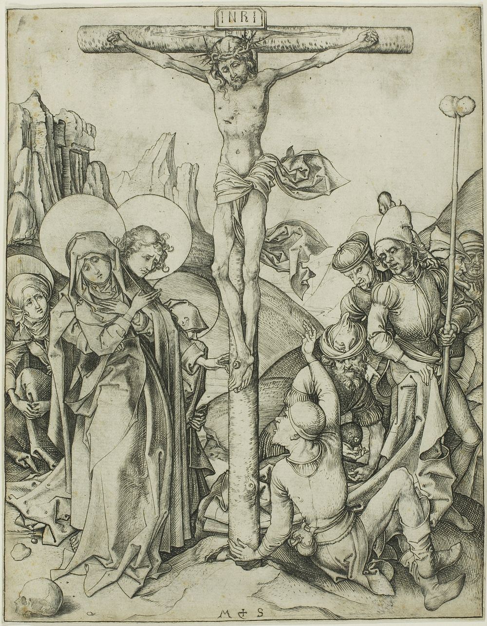 The Crucifixion with the Holy Women, St. John and Roman Soldiers by Martin Schongauer