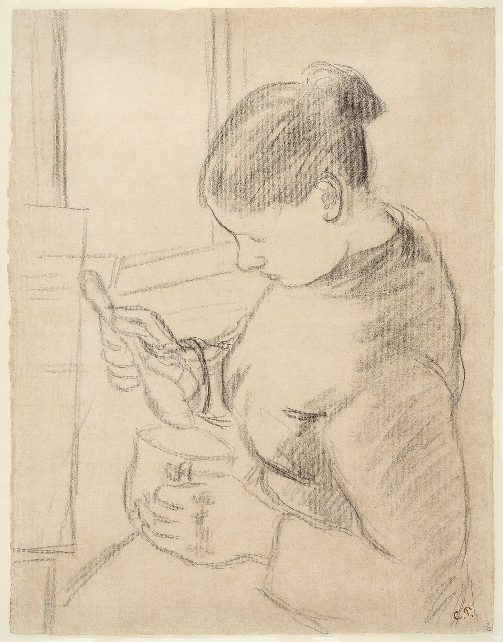 Young Peasant Having Her Coffee by Camille Pissarro