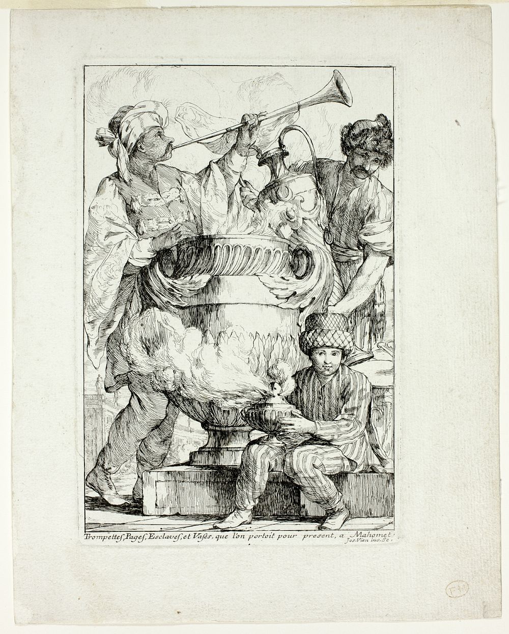 Trompettes, Pages, Esclaves, et Vases que l'on portait pour présent à Mahomet, from Caravanne du Sultan à la Mecque by…