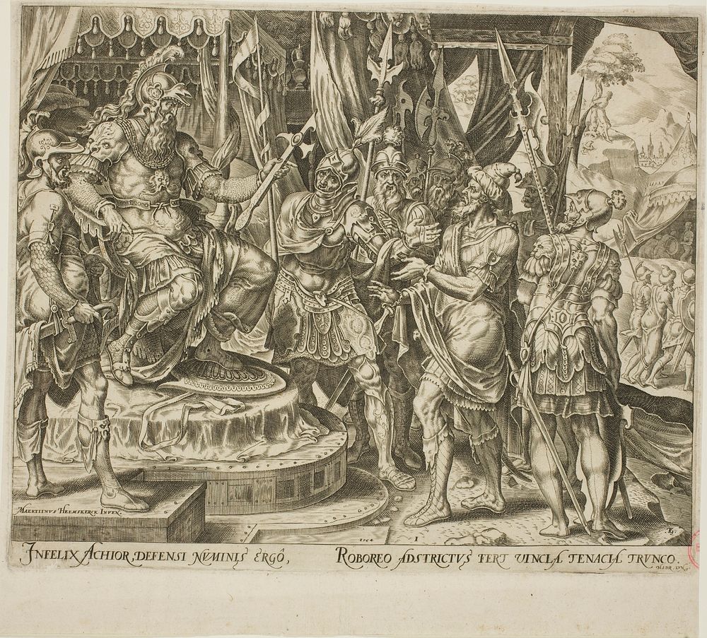 Achior Pleading with Holofernes for the Israelites, plate one from The Story of Judith and Holofernes by Philip Galle