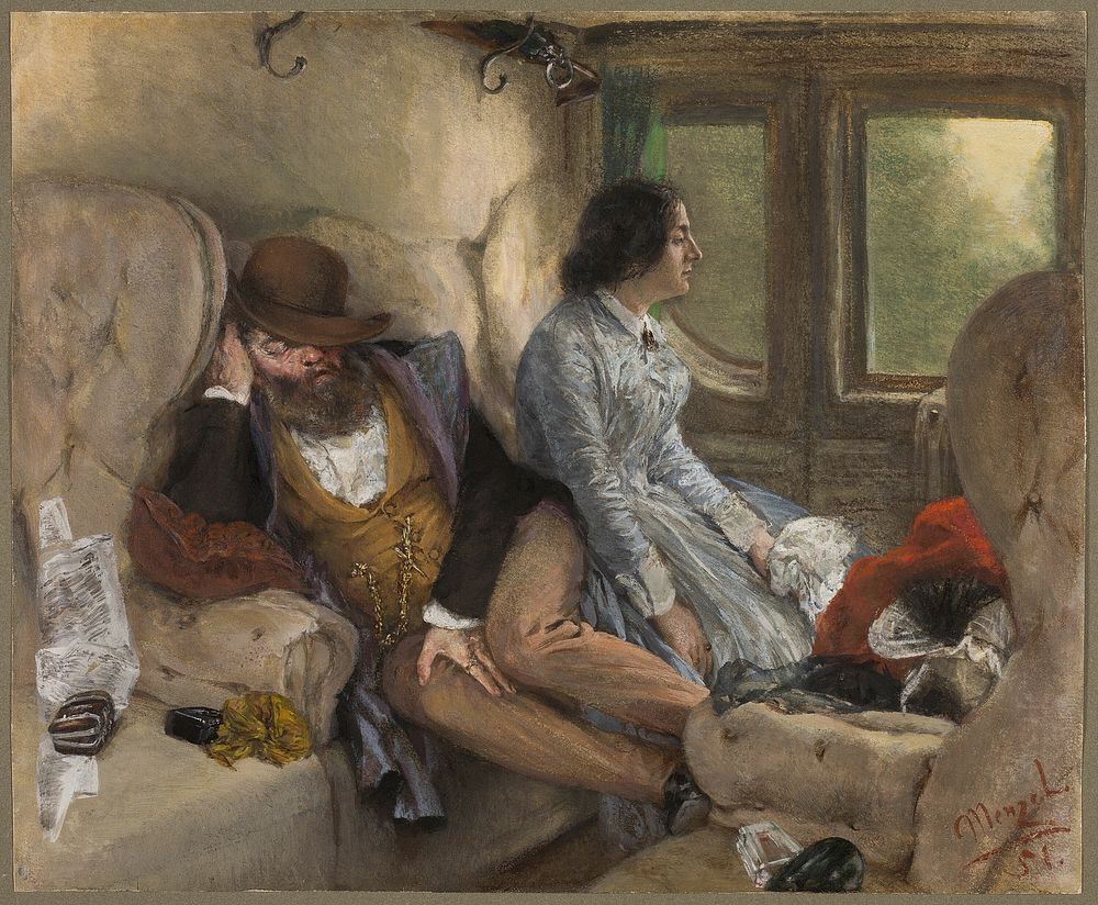 In a Railway Carriage (After a Night's Journey) by Adolph Friedrich Erdmann von Menzel
