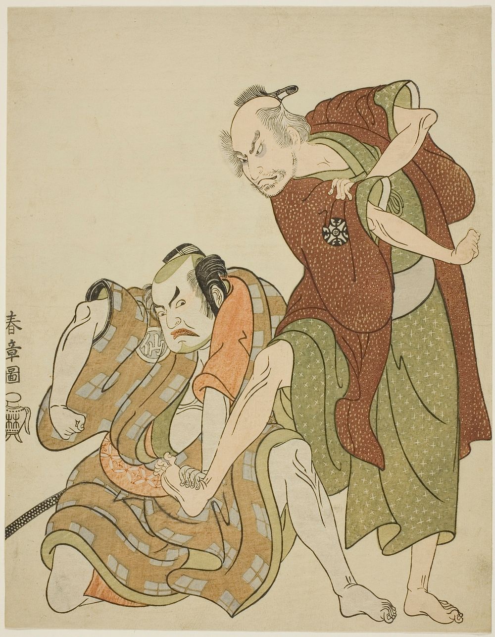 Actors playing the roles of Giheiji and his son-in-law, Danshichi Kurobei by Katsukawa Shunsho