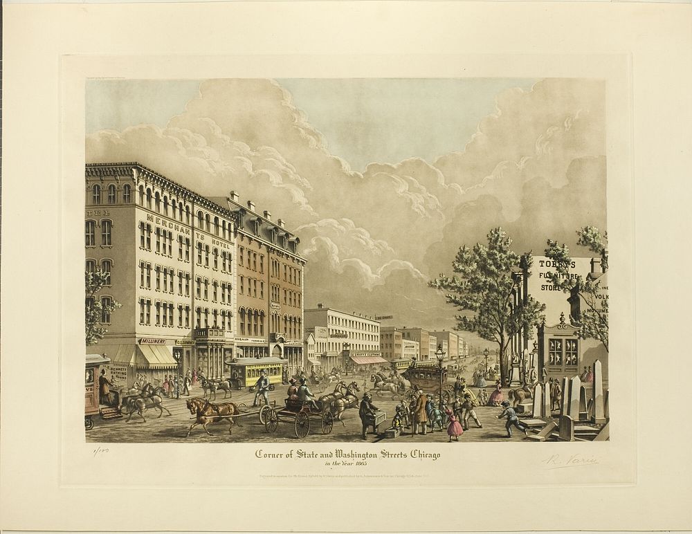Corner of State and Washington Streets, Chicago, in the Year 1865 by Raoul Varin