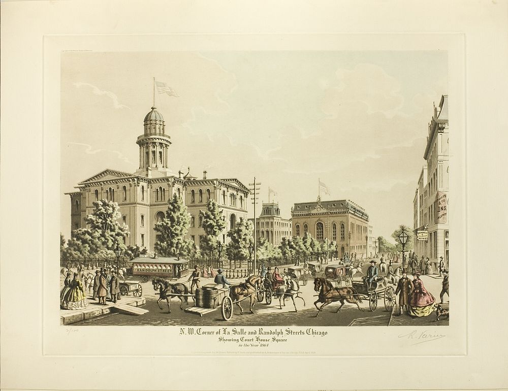 N. W. Corner of LaSalle and Randolph, Chicago, Showing Court House Square in the Year 1864 by Raoul Varin