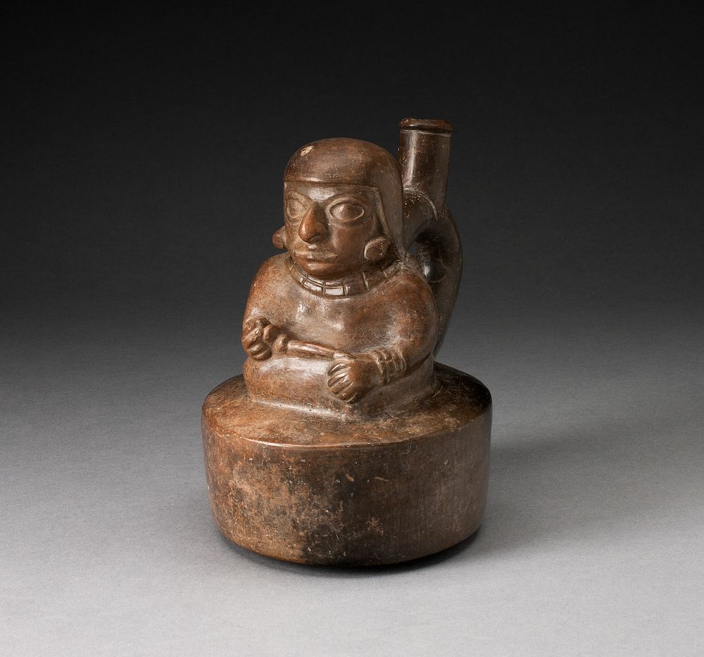 Blackware Spouted Vessel with a Seated Female Holding a Pipe or Staff by Moche