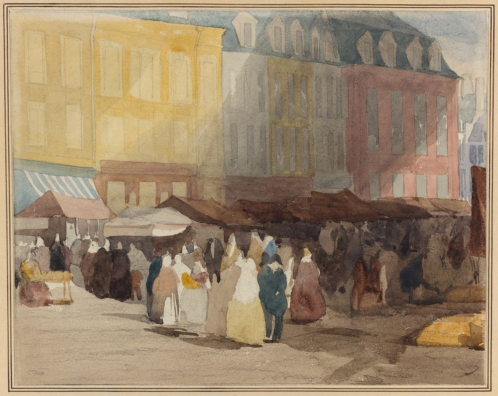 A French Market Scene, possibly Boulogne by David Cox, the elder