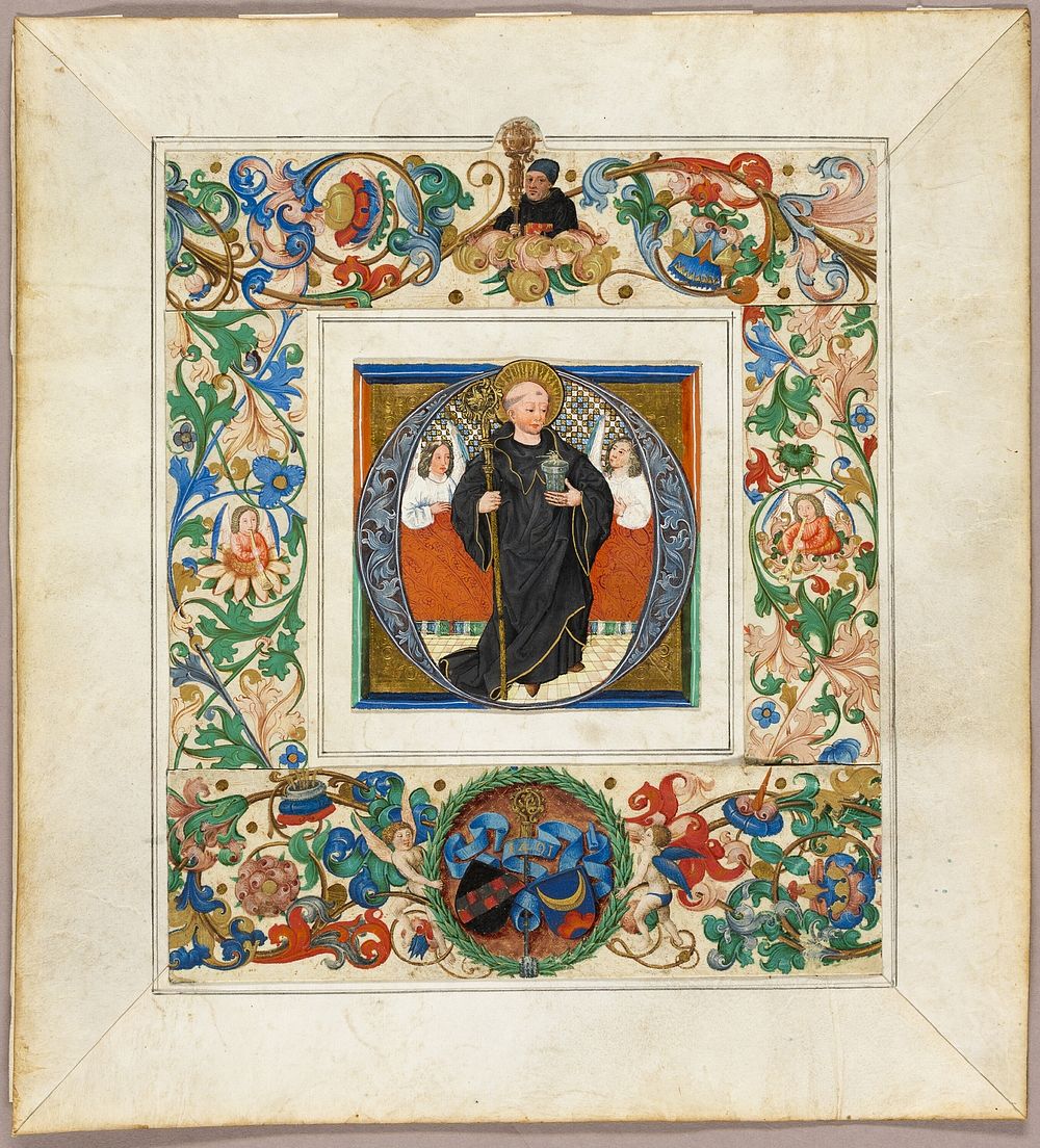Saint Benedict, initial ‘O’, with border fragments from a Missal by Jakob Elsner