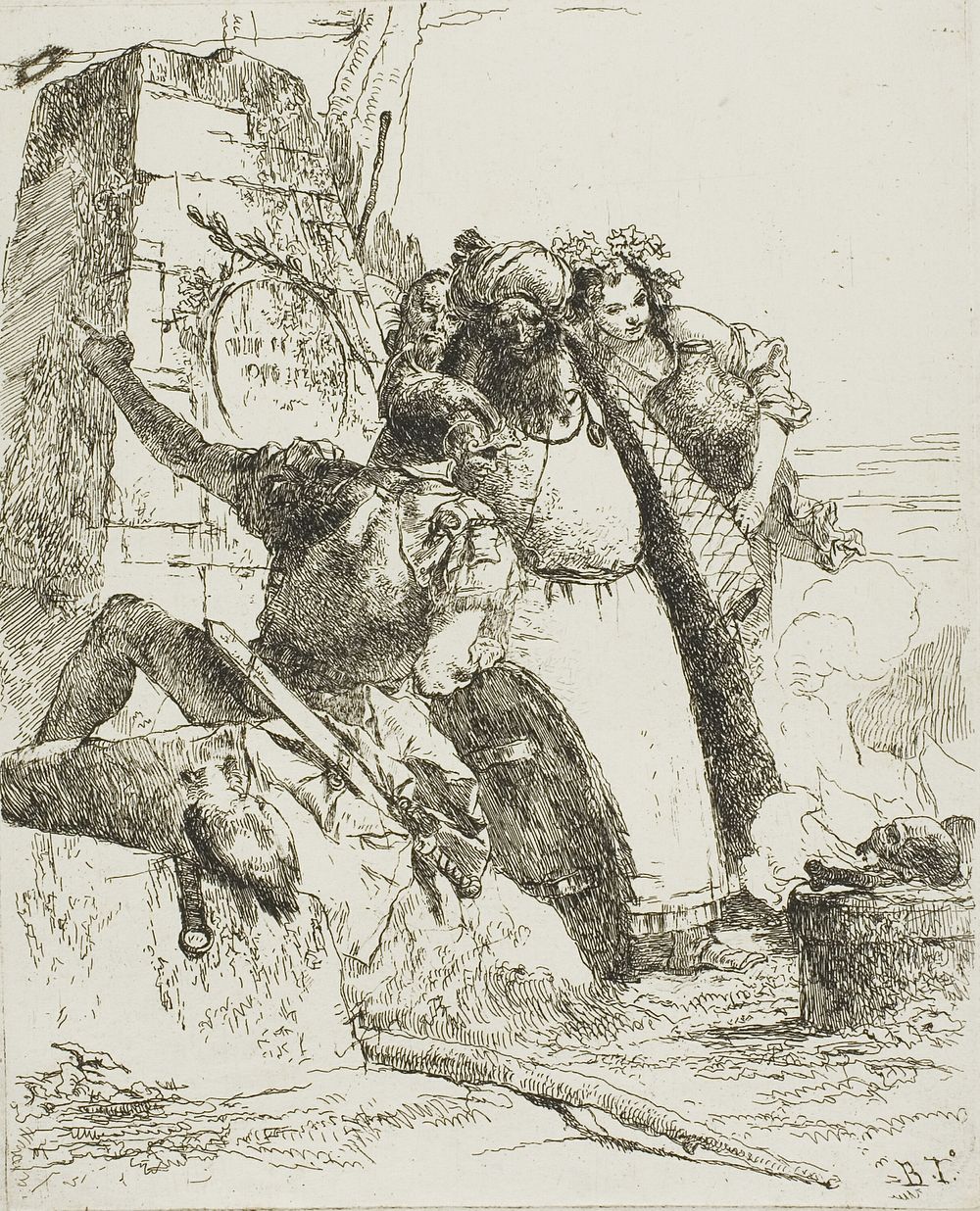 A Magician, A Soldier, and Three Figures Watching a Burning Skull, from Scherzi by Giambattista Tiepolo